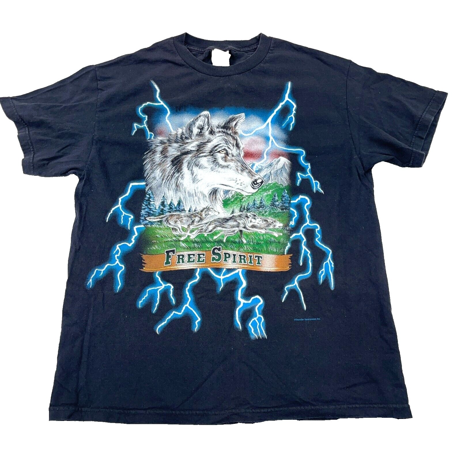 Vintage Nature Shirt Men Large Black Thunder Lightning Wolf Pack Two Sided 90s